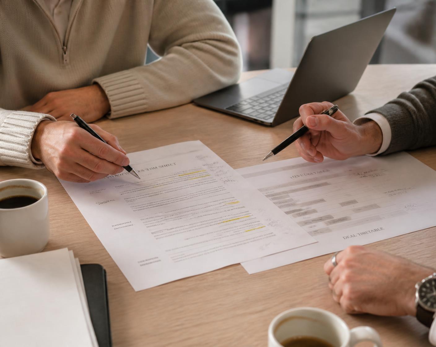 Two people reviewing and marking up a contract on a table